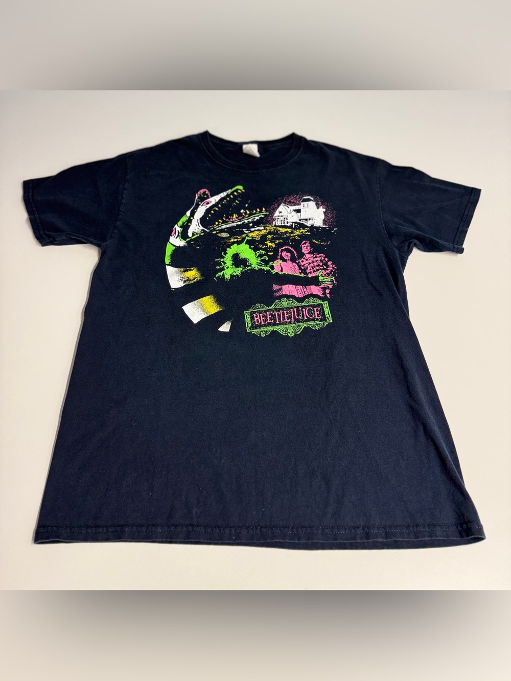Fruit of the Loom Black Beetlejuice Graphic Tee with Neon Green & Pink Print
